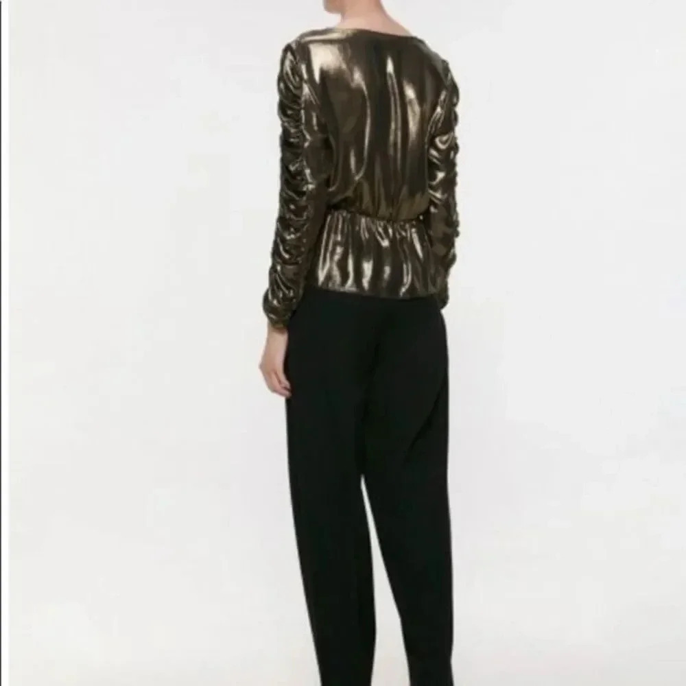 ZARA GOLD METALLIC EFFECT BLOUSE TOP WITH GATHERING - Picture 8 of 8